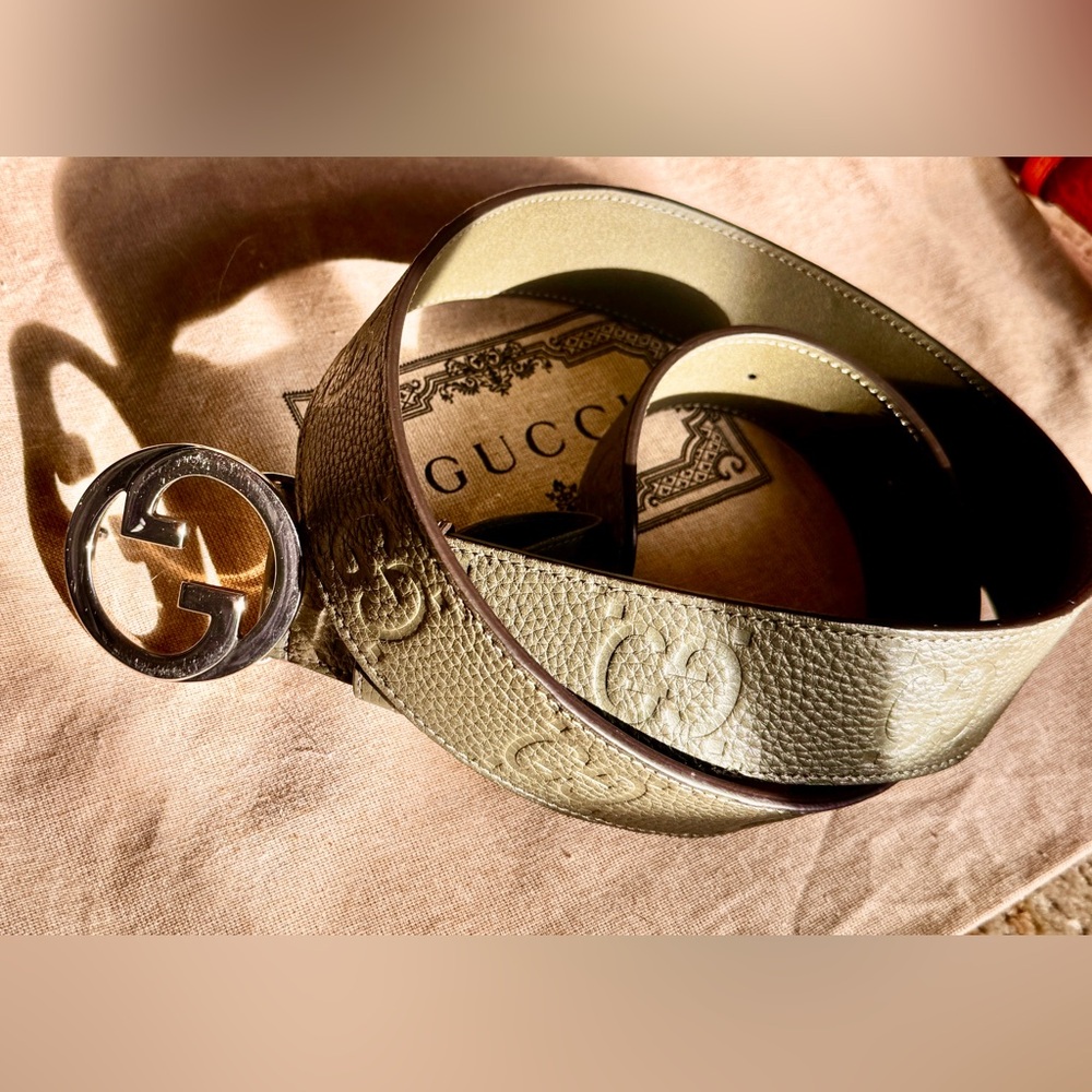 Gucci Embossed GG Leather Belt – Olive Green | Silver Hardware